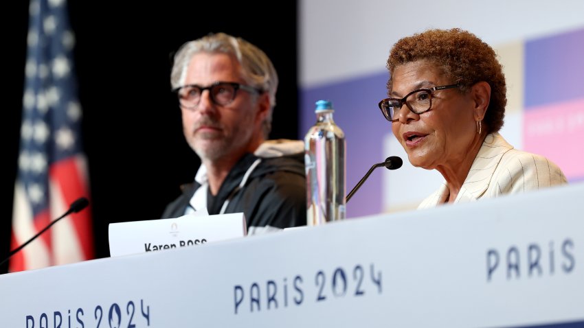 Karen Bass, Mayor of Los Angeles, speaks at the LA28 Press Conference on day fifteen of the Olympic Games Paris 2024 at the Main Press Centre on August 10, 2024 in Paris, France.