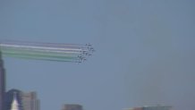 The Frecce Tricolori of the Italian Air Force scattered fog in the colors of the Italian flag over Philadelphia on Monday morning.