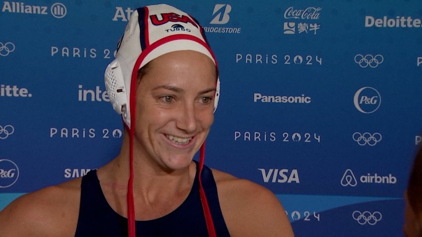 US water polo player Maggie Steffens speaks to a reporter after an Olympic match