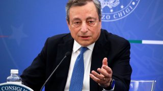 Italian Prime Minister Mario Draghi during the press conference at the Multifunctional Hall of the Prime Minister on July 12, 2022 in Rome, Italy.