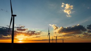 In an aerial view, wind turbines are seen on September 19, 2023 in Big Spring, Texas.