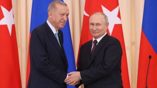 Russian President Vladimir Putin shakes hands with Turkish President Recep Tayyip Erdogan during their joint press conference on September 4, 2023, in Sochi, Russia.