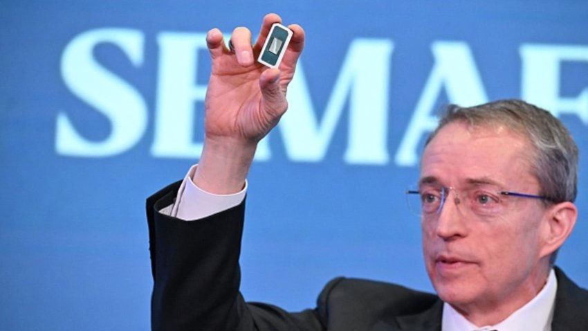 Intel CEO Pat Gelsinger, holding the “Gaudi 3” AI chip, speaks during the 54th Annual Meeting of the Semafor 2024 World Economy Summit in Washington, D.C., on April 17, 2024.