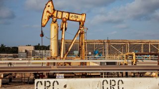 Old oil wells and pump jacks at California Resources Corporation, CRC, facility in Huntington Beach. 