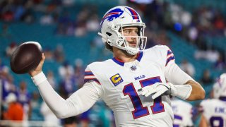 Josh Allen, #17 of the Buffalo Bills, warms up prior to an NFL game against the Miami Dolphins at Hard Rock Stadium in Miami Gardens, Florida, on Sept. 12, 2024.