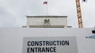 Construction work is done around the Federal Reserve building on September 17, 2024 in Washington, DC. 