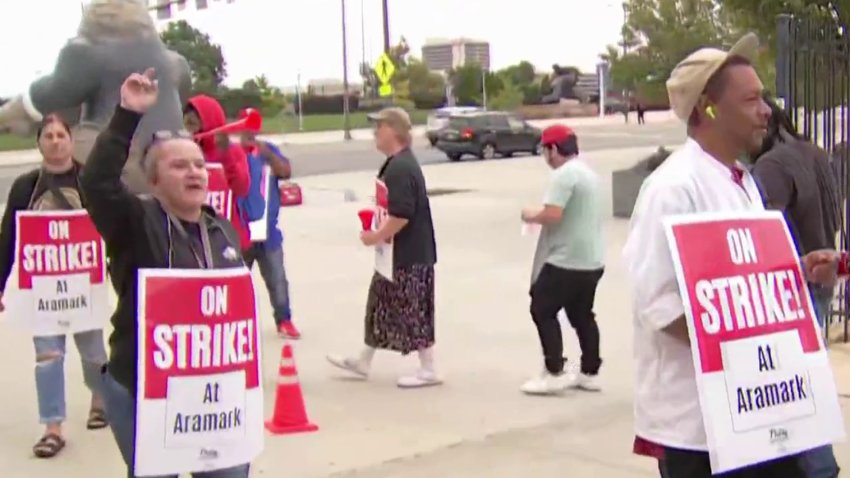 Aramark workers hit the picket lines in South Philadelphia on Monday, Sept. 23, 2024.