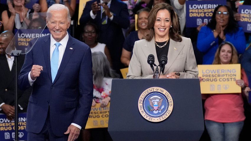 President Joe Biden, left, and Vice President Kamala Harris speak in Largo, Md., Aug. 15, 2024.