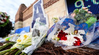 A memorial is seen at Apalachee High School after the Wednesday school shooting, Saturday, Sept. 7, 2024, in Winder, Ga.