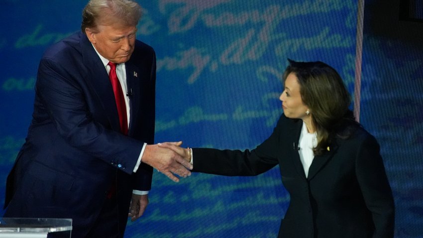 Republican presidential nominee former President Donald Trump shakes hands with Democratic presidential nominee Vice President Kamala Harris during an ABC News presidential debate at the National Constitution Center, Tuesday, Sept.10, 2024, in Philadelphia.