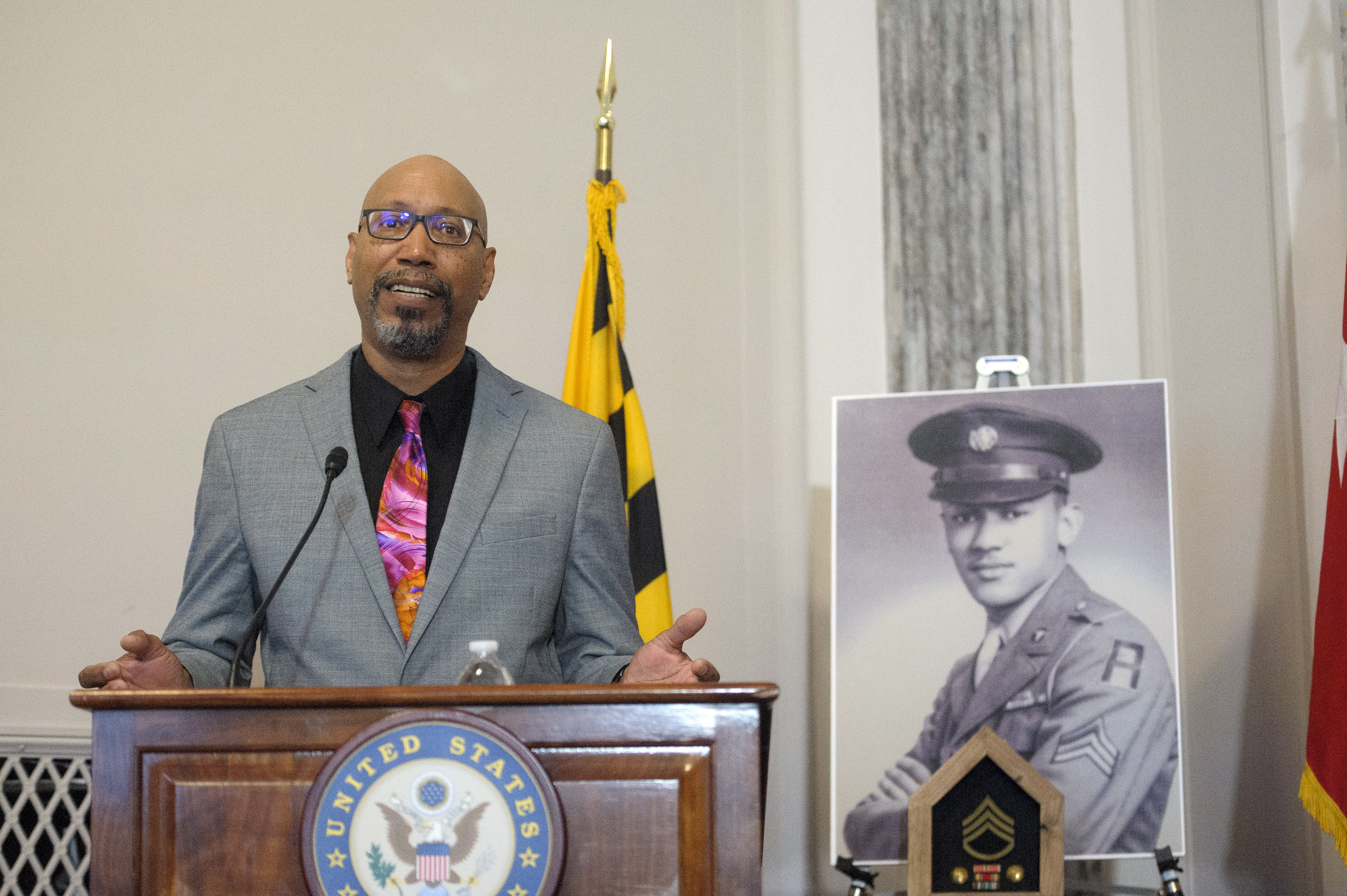 Steve Woodson offers remarks during a ceremony to posthumously award the Distinguished Service Cross to his father, U.S. Army Staff Sgt. Waverly Woodson Jr. on Capitol Hill, in Washington, Tuesday, Sept. 24, 2024.