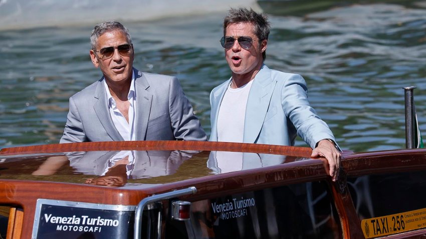 George Clooney, left, and Brad Pitt upon arrival for the press conference of the film 'Wolfs' during the 81st edition of the Venice Film Festival in Venice, Italy, on Sunday, Sept. 1, 2024.