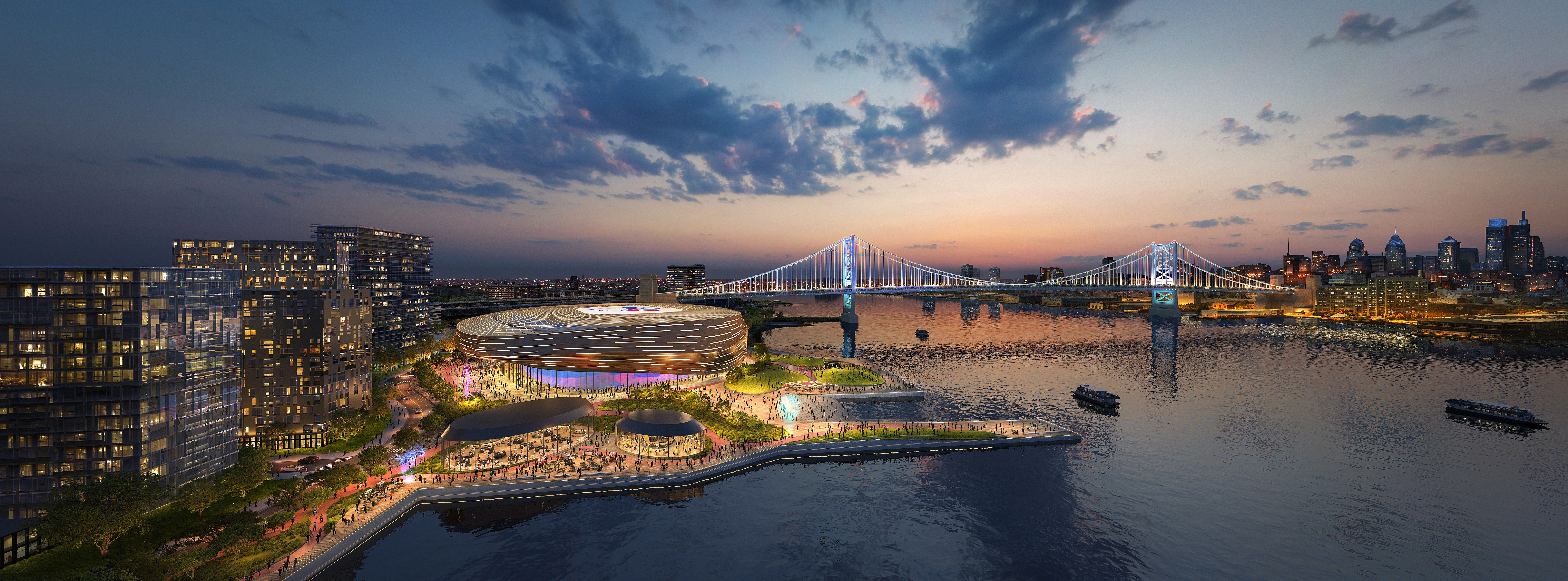 Rendering of Philadelphia 76ers' arena on the Camden, New Jersey, waterfront.