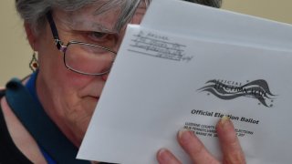 Audrey Serniak, a member of the Board of Elections, checks mail in ballots on election night. Primary elections were cast on write-in-paper ballots in Luzerne County.