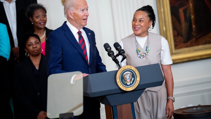 U.S. President Joe Biden, accompanied by South Carolina Gamecocks Head Coach Dawn Staley