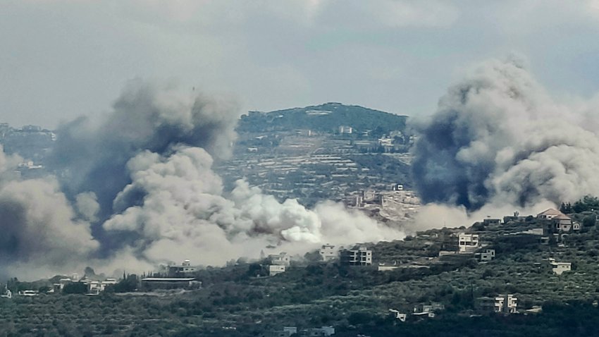 Smoke billows from the site of an Israeli air strike in the Lebanese village of Jibal el Botm, near the Lebanon-Israel border, on September 23, 2024.