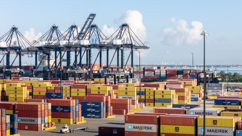 In an aerial view, shipping containers are seen at the Port of Houston Authority on Sept. 20, 2024 in Harris County, Texas. A potential strike by Port of Houston longshoremen looms as contract negotiations between the International Longshoreman’s Association and the United States Maritime Alliance continues undergoing deliberations.