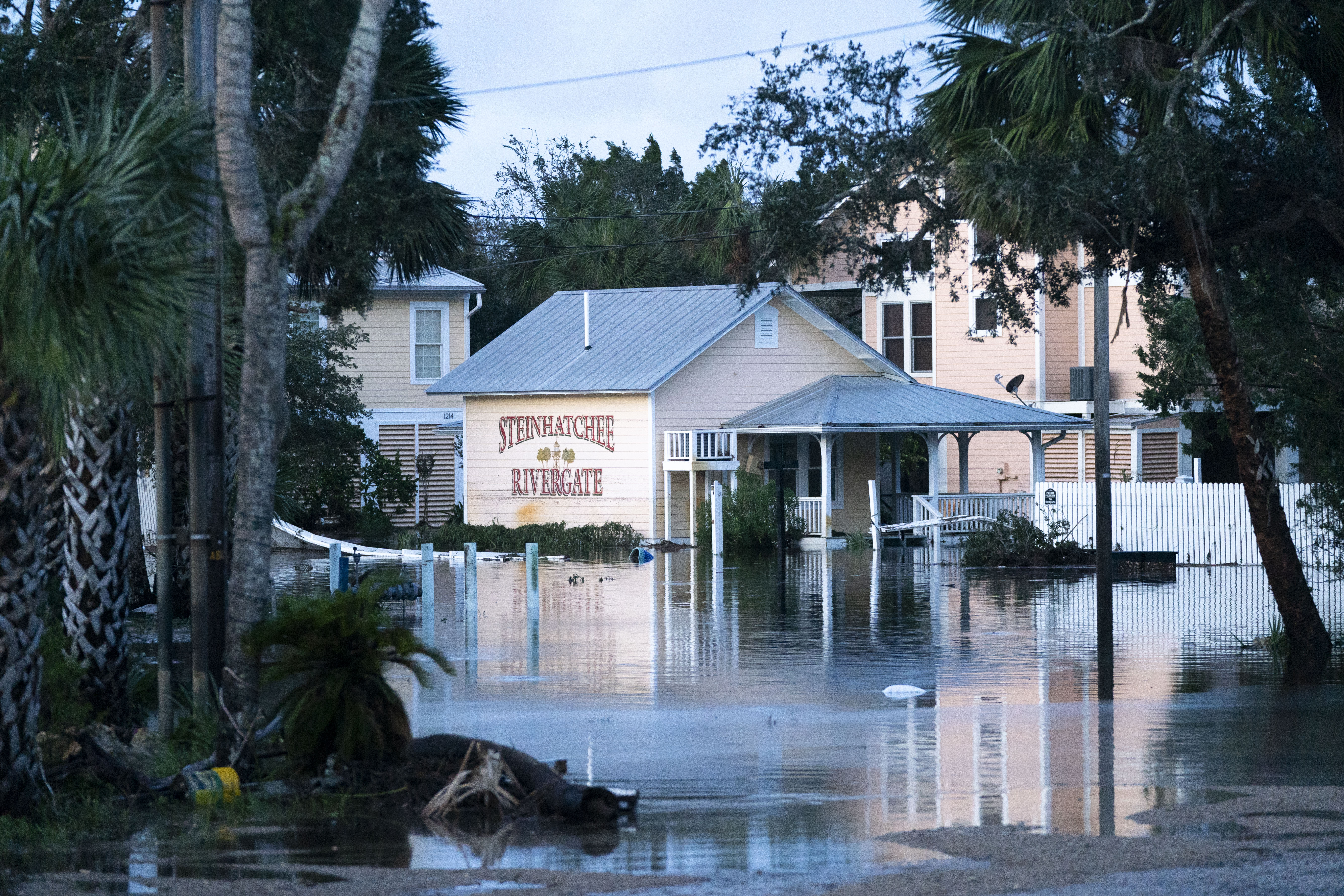 Floodwaters at Steinhatchee Rivergate in the aftermath of Hurricane Helene on September 27, 2024 near Steinhatchee, Florida.