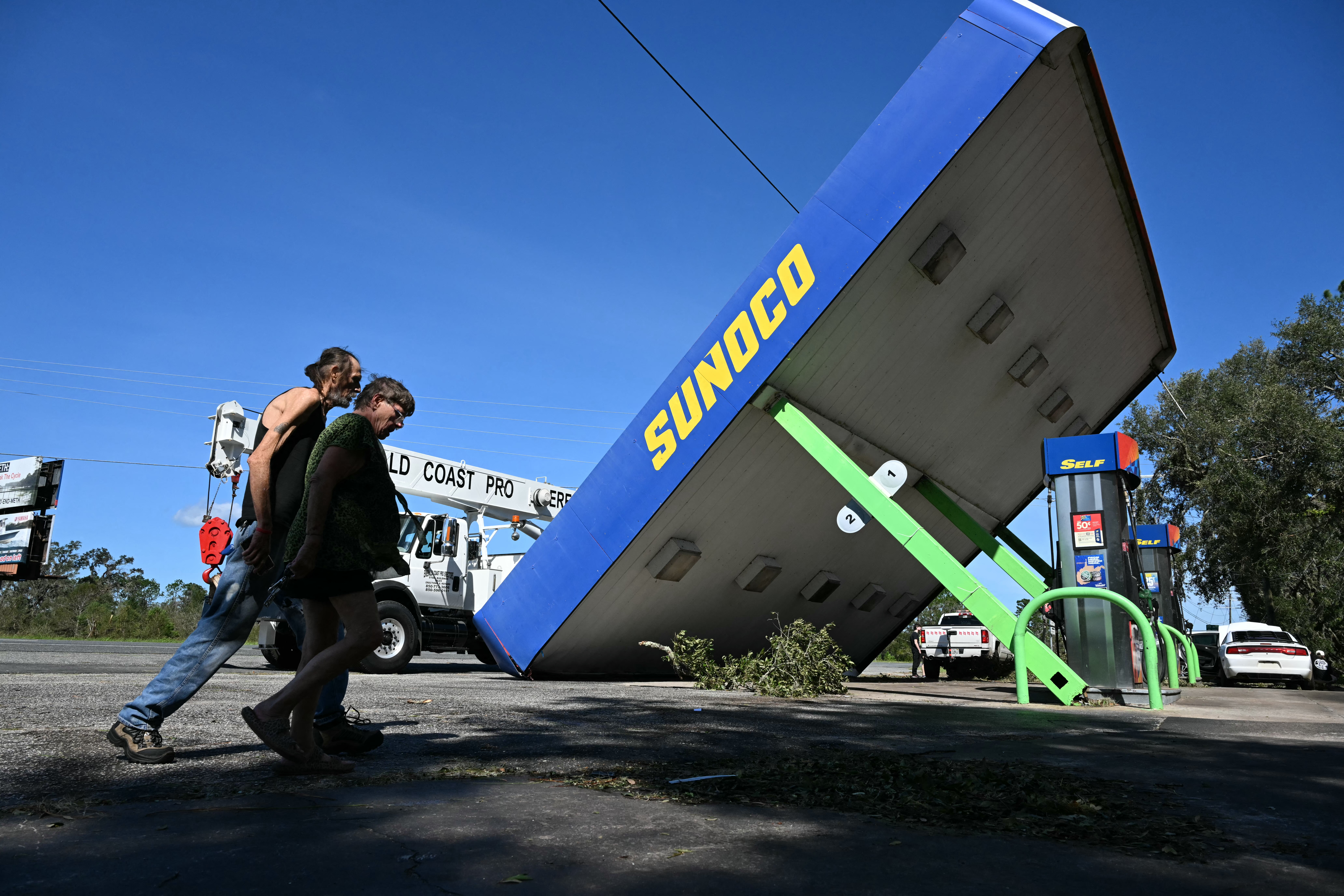 A rooftop of a Sunoco gas station destoyed by Hurricane Helene after making landfall is seen in Perry, Florida, on September 27, 2024.