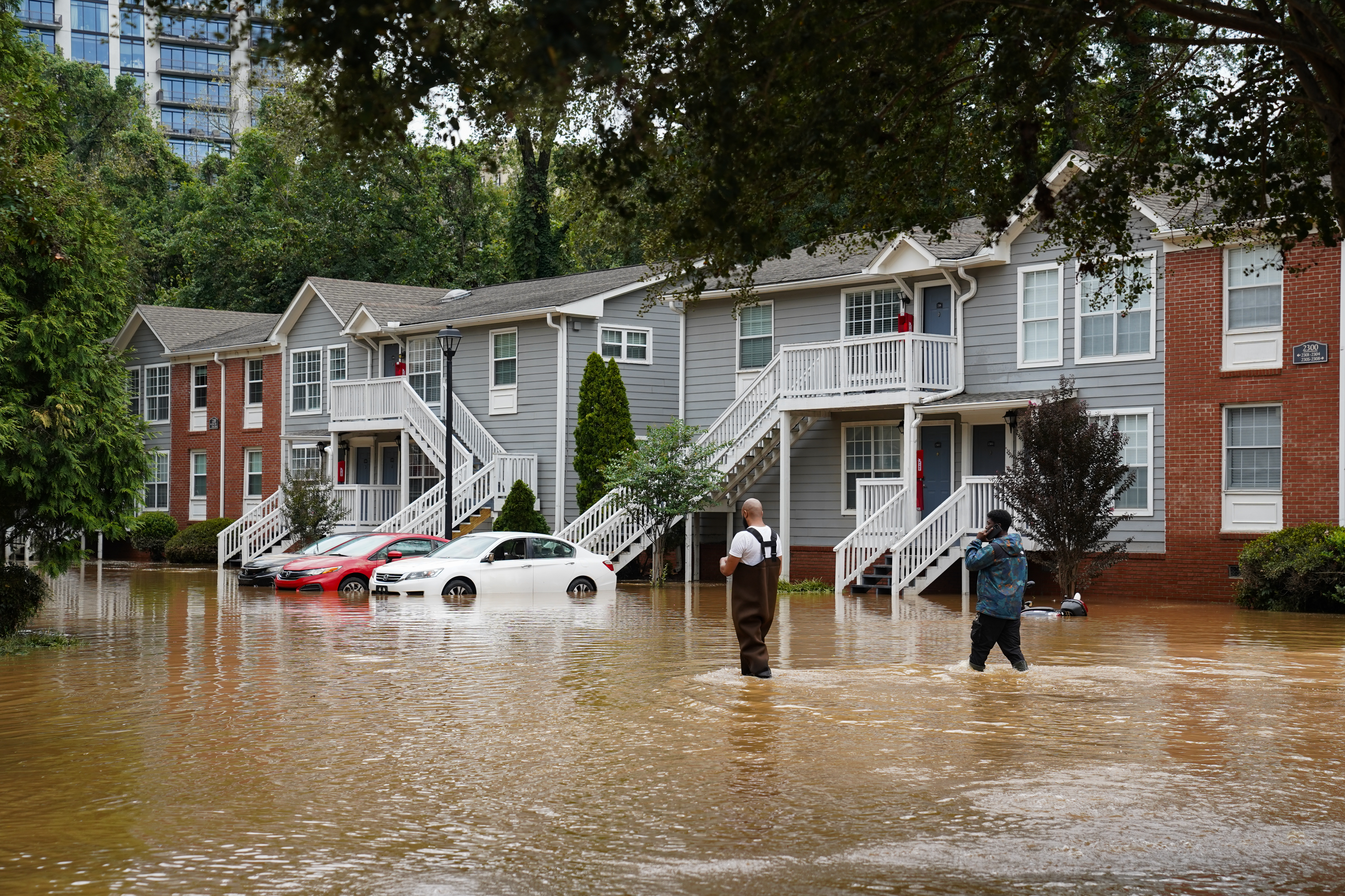 An apartment at Peachtree Park Apartments can be seen flooded after hurricane Helene brought in heavy rains overnight on September 27, 2024 in Atlanta, Georgia.