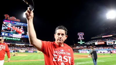 PHILADELPHIA, PENNSYLVANIA – SEPTEMBER 23: Rob Thomson #59 of the Philadelphia Phillies reacts after the Philadelphia Phillies clinch the 2024 NL East Division at Citizens Bank Park on September 23, 2024 in Philadelphia, Pennsylvania. (Photo by Tim Nwachukwu/Getty Images)