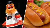 Philadelphia Flyers mascot Gritty in split image with a hot dog