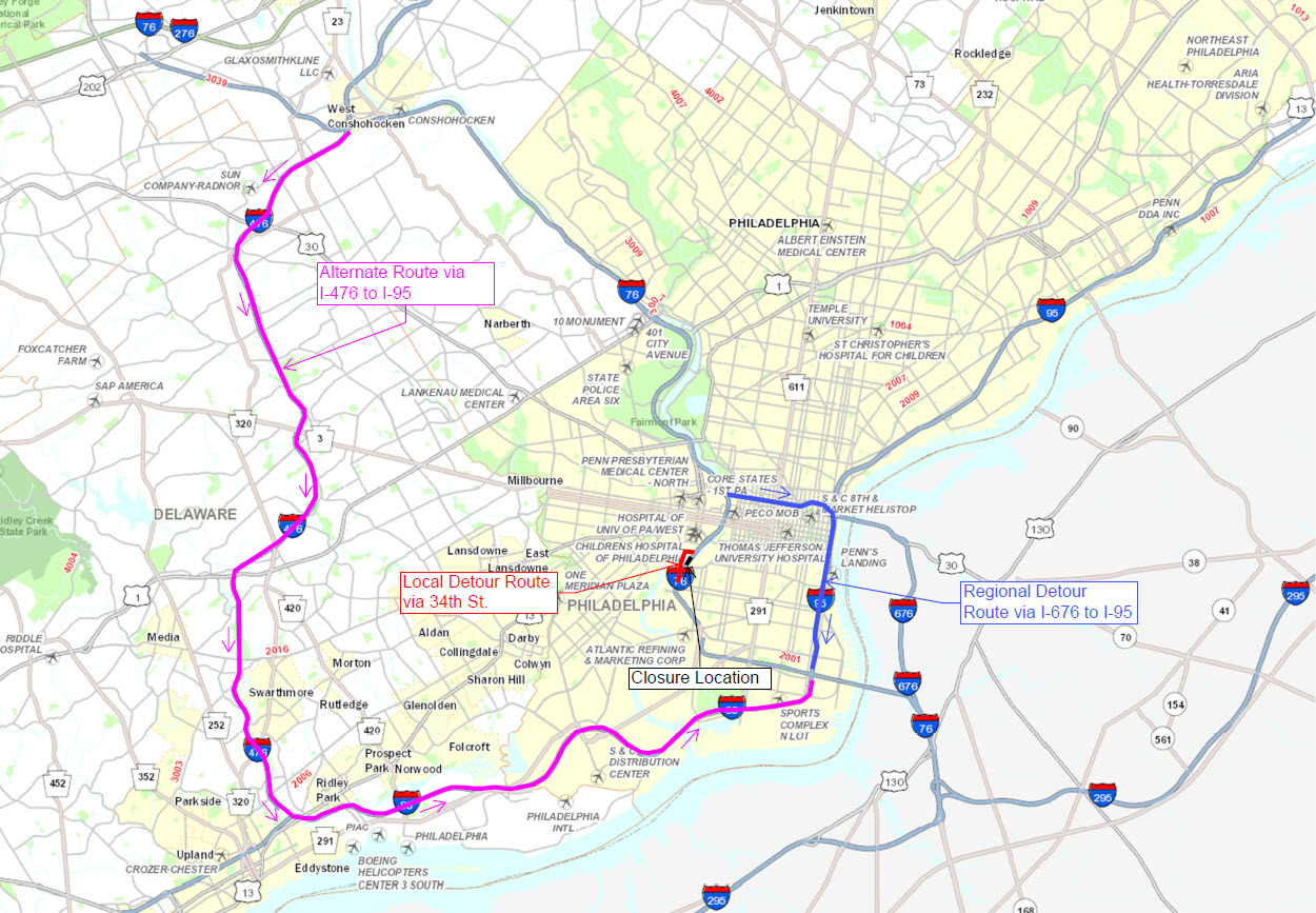 Map shows alternate route for PennDOT closure of I-76 eastbound in Philadelphia during several fall 2024 weekends.