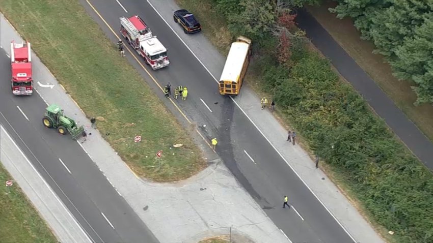 Tractor and school bus seen after crash on U.S. Route 13 in Delaware on Sept. 16, 2024.