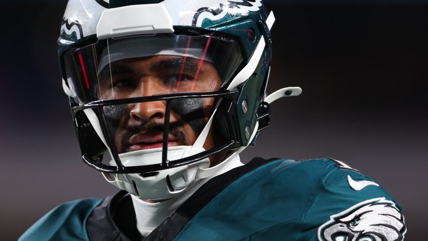 Sep 16, 2024; Philadelphia, Pennsylvania, USA; Philadelphia Eagles quarterback Jalen Hurts (1) warms up before action against the Atlanta Falcons at Lincoln Financial Field. Mandatory Credit: Bill Streicher-Imagn Images