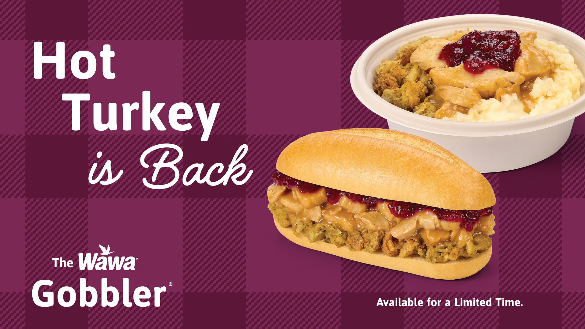 "Hot Turkey is back" written on graphic showing Wawa Turkey bowl, gobbler.