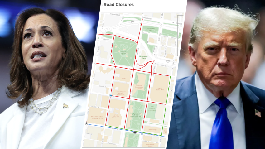 Kamala Harris, map of Philadelphia road closures, Donald Trump