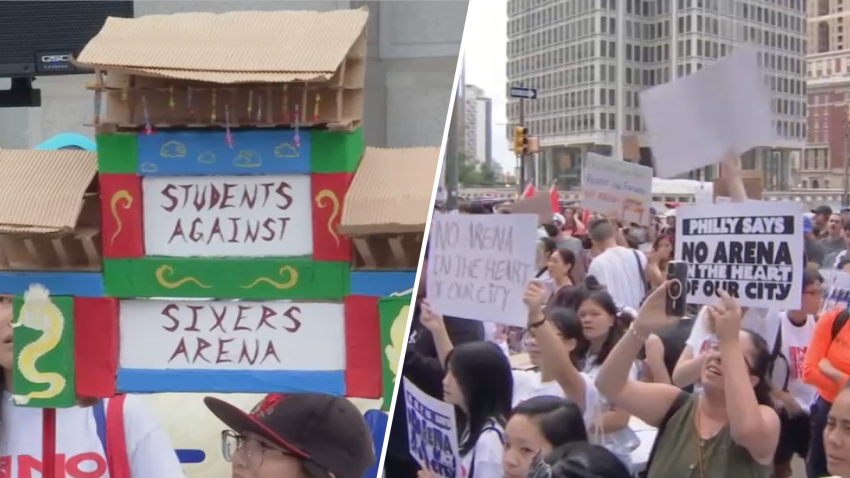 Signs reading "Students against Sixers Arena" and "Philly says no arena in the heart of our city"