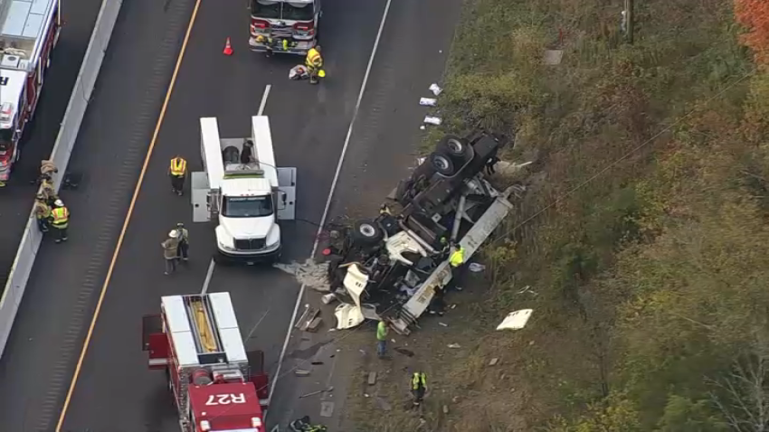 A crane overturned along Route 309 in Bucks County on Thursday morning.