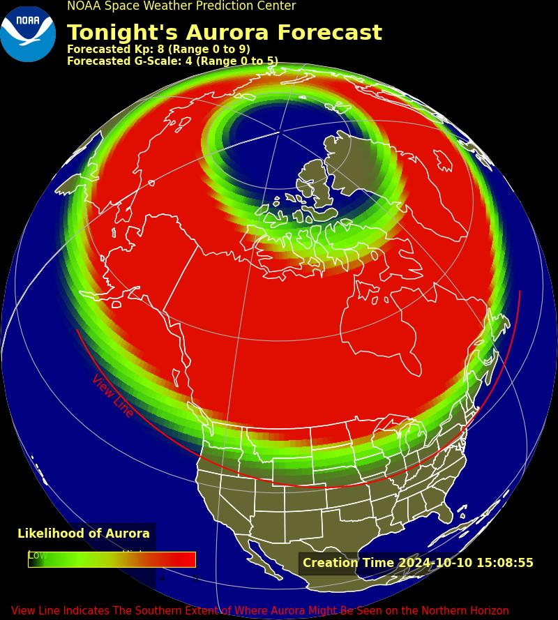 Map shows the likely to see an aurora the night of Oct. 10, 2024, into Oct. 11, 2024.