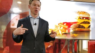 McDonald’s Chris Kempczinski speaks about fresh beef expansion at a McDonald’s event in Oak Brook, Illinois.