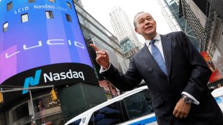 Lucid Motors CEO Peter Rawlinson poses at the Nasdaq MarketSite as Lucid Motors (Nasdaq: LCID) begins trading on the Nasdaq stock exchange after completing its business combination with Churchill Capital Corp IV in New York City, New York, July 26, 2021.