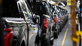 New Ford F-150 trucks go through the assembly line at the Ford Dearborn Plant on April 11, 2024 in Dearborn, Michigan. 