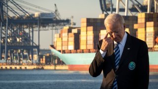 President Joe Biden waits to speak about the recently passed $1.2 trillion Infrastructure Investment and Jobs Act at the Port of Baltimore on November 10, 2021 in Baltimore, Maryland.