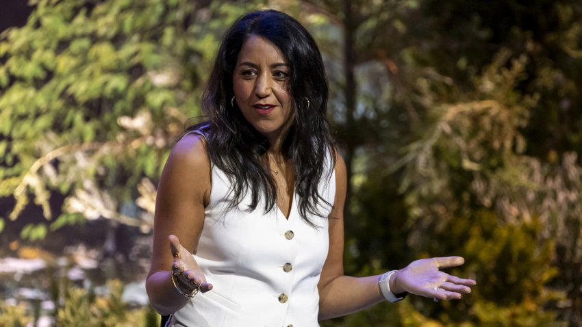 Zahra Bahrololoumi, CEO of U.K. and Ireland at Salesforce, speaking during the company’s annual Dreamforce conference in San Francisco, California, on Sept. 17, 2024.