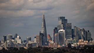 Heavy rain clouds pass over the city of London skyline on September 23, 2024 in London, United Kingdom.