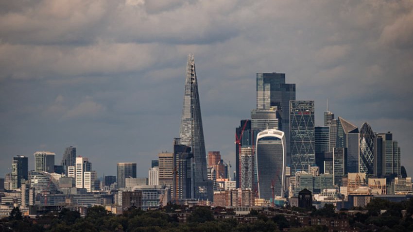 Heavy rain clouds pass over the city of London skyline on September 23, 2024 in London, United Kingdom.