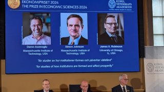 Nobel Committee announces the winners of the 2024 Nobel Prize in Economic Science during a press conference at the Karolinska Institute in Stockholm, Sweden, on October 14, 2024. The 2024 Nobel Prize in Economy was awarded to Daron Acemoglu, Simon Johnson and James Robinson for their work on formation of institutions and their impact on welfare. 