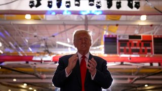 Republican presidential nominee former President Donald Trump arrives at a campaign event at the Ryder Center at Saginaw Valley State University, Thursday, Oct. 3, 2024, in University Center, Mich.