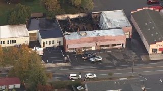 The remains of Angie's Luncheonette in Bordentown, NJ, after it was destroyed by fire overnight on Tuesday, Oct. 22, 2024.