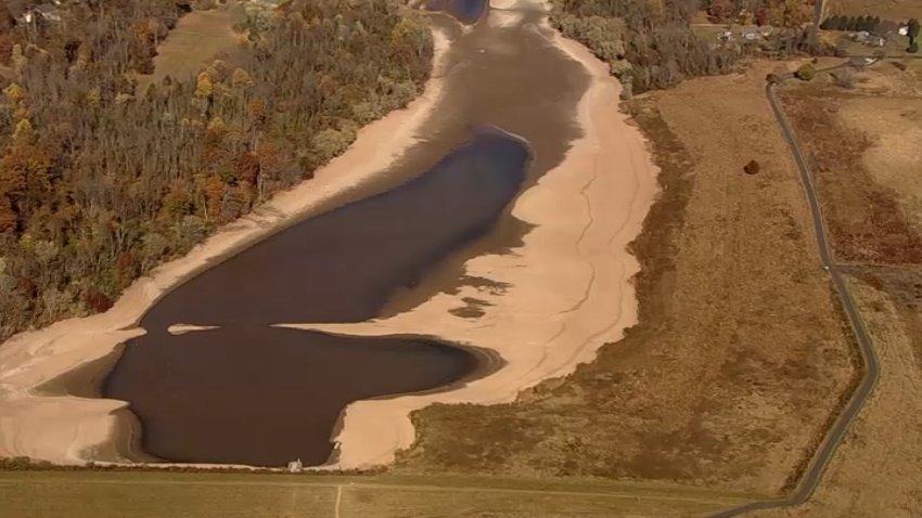 Dried up Pine Run Reservoir in Doylestown, Pennsylvania.