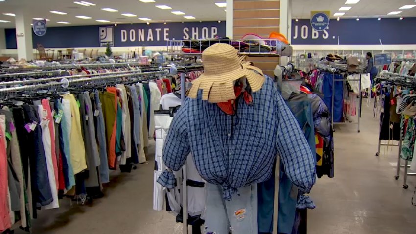 Farmer costume on display in Goodwill store