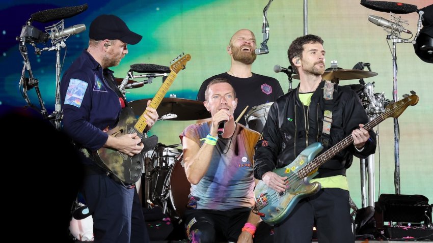 (L-R) Jonny Buckland, Chris Martin, Will Champion and Guy Berryman of Coldplay perform onstage at Rose Bowl Stadium on Sept. 30, 2023 in Pasadena, California.