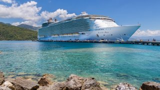 Royal Caribbean Allure of the Seas cruise ship at the pier on Royal Caribbean’s private coastal peninsula of Labadee, Haiti.