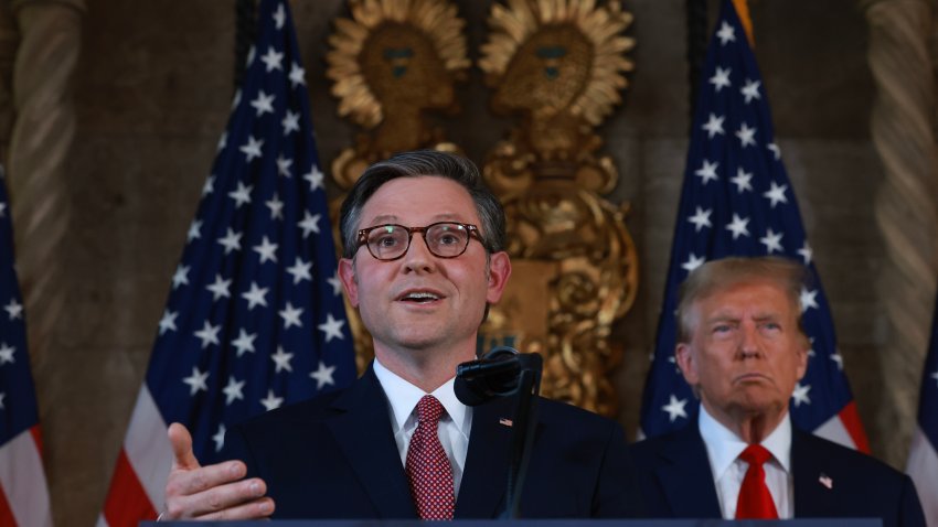 PALM BEACH, FLORIDA – APRIL 12: Republican presidential candidate former President Donald Trump listens as Speaker of the House Mike Johnson (R-LA) speaks during a press conference at Mr. Trump’s Mar-a-Lago estate on April 12, 2024, in Palm Beach, Florida. They spoke about  “election integrity,” which has been one of the former president’s top issues.