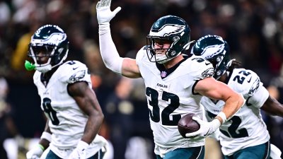 NEW ORLEANS, LOUISIANA – SEPTEMBER 22: Reed Blankenship #32 of the Philadelphia Eagles celebrates an interception against the New Orleans Saints during the fourth quarter at Caesars Superdome on September 22, 2024 in New Orleans, Louisiana. (Photo by Gus Stark/Getty Images)